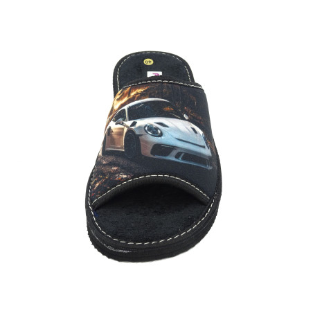P71/9 zapatilla de casa negra para chico de toalla con la puntera abierta